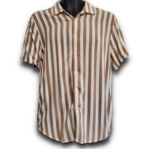 Denim & Flower Men's Med Tan and White Striped Viscose Short Sleeve Button-down